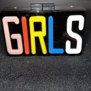 Black GIRLS Letter Clutch with Multicolor Lettering